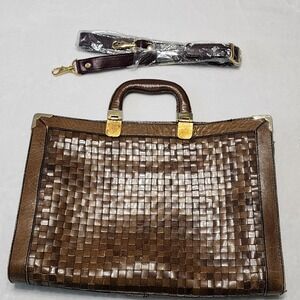 Vintage Genuine Leather Bag Woven Grid Brown Boho‎ Briefcase Gold Tone 70s Lined